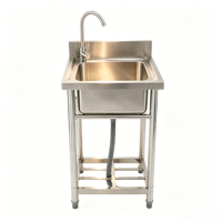 Évier utilitaire autoportant en acier inoxydable avec cadre tubulaire à 4 pieds, cuve simple, dosseret haut, robinet col de cygne et pieds réglables