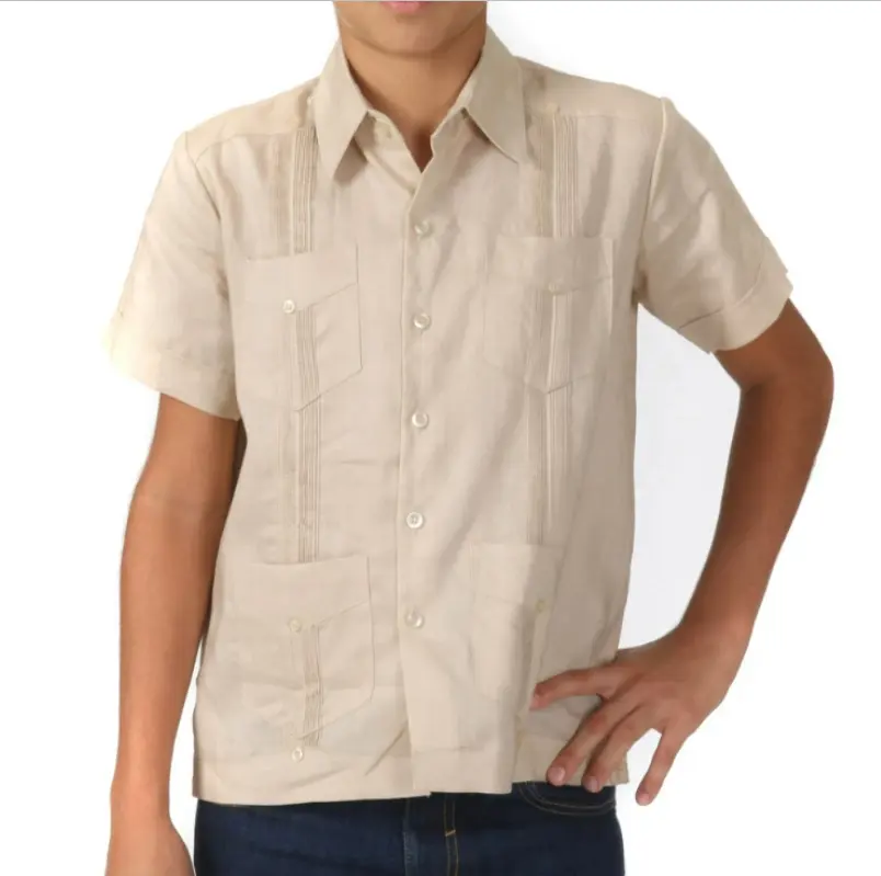 Camisa de manga corta para niños, camisa de mezcla de algodón para chicos pequeños, de guavabera