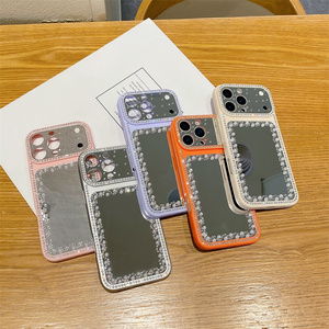 Coque de téléphone pour femme avec perles et paillettes effet miroir pour iPhone 17 Air 16 15 14 Pro Max, avec perles de diamant et cadre d'appareil photo floral DIY, coque arrière pour filles - Product Image 4