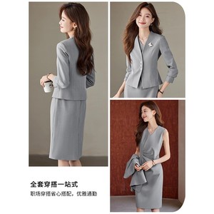 Women's Black Business Suit Set Midi Skirt V-Neck Jacket Office Lady Work Uniform Anti-Wrinkle Satin Fabric - Product Image 3