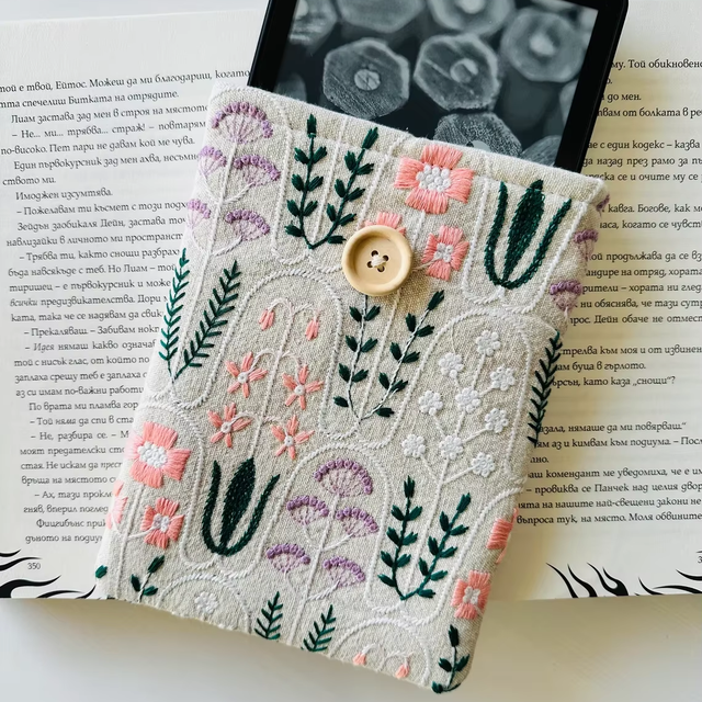 Koya Custom 3D Printed E-Reader Book Sleeve 20*25cm/22*28cm Embroidery Flower Design Cotton Fabric Padding Button Closure