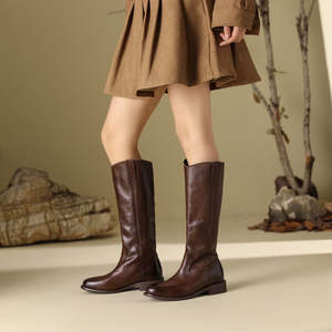 New Casual Versatile Trendy V-neck Hooded Top Layer Genuine Leather Knee-high square Heel Slip-on <b>Riding</b> <b>Boots</b> for Autumn Winter - Product Image 4