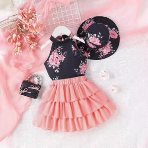 Conjunto de Tres Piezas de Verano <span class=keywords><strong>para</strong></span> Niñas, Estilo Casual, Top sin Mangas con Estampado Floral, Falda Tipo Pastel - Product Image 1