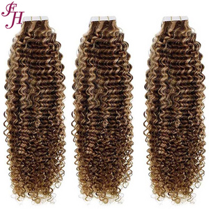 FH P4/27 Kinky Curly Remy Tape en extensiones de cabello humano con cabello natural suave y extremos doblemente dibujados - Product Image 1