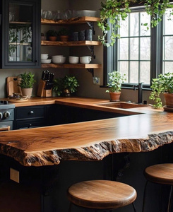 ท็อปเคาน์เตอร์ครัวไม้เนื้อแข็งขอบธรรมชาติขนาดสั่งทำพิเศษ แผ่นไม้วอลนัทธรรมชาติสำหรับโครงการออกแบบตกแต่งภายในวิลล่าหรู - Product Image 4