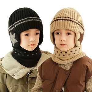 Enfants hiver chaud en peluche tricoté casquettes Benines chapeau et écharpe ensemble enfants garçons 3-8 Y extérieur Protection des oreilles Skullies chapeau - Product Image 1