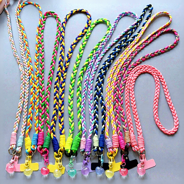 Colorful Woven Mobile Phone Crossbody Rope With Heart Charm Anti Loss Neck Hanging Rope Phone Lanyard Strap for iphone 17 16