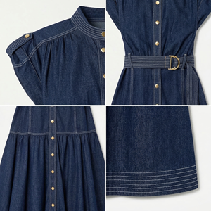 Abito in Denim Blu Scuro per Donna, Design Originale Personalizzato, Elegante Vestito Lungo con Colletto Alto e Bottoni, Abiti in Jeans a Strati di Lusso OEM - Product Image 3