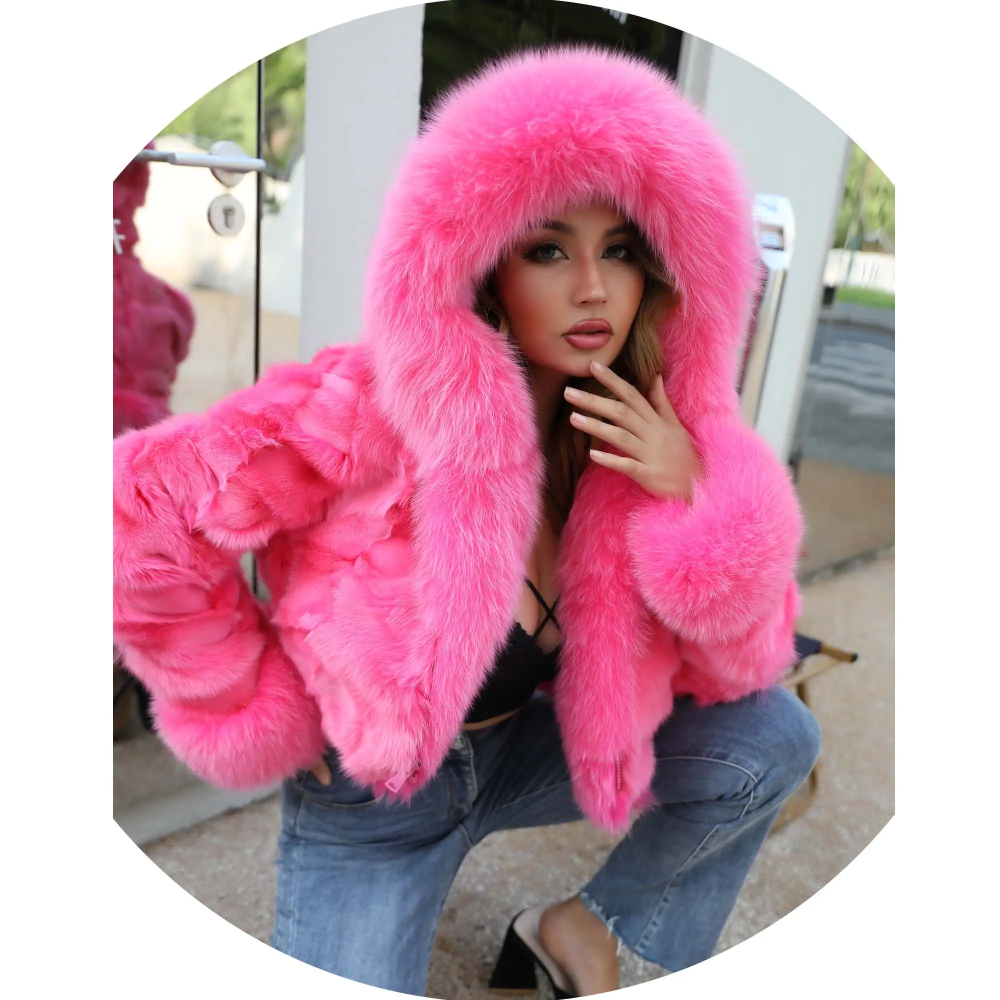 Luxury USA Big Size Long Front Fur Collar Winter Big Real Fox Fur Trim Hood Coat