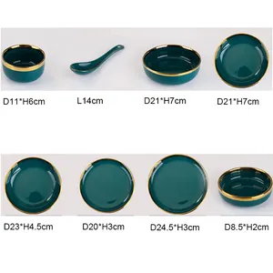 Set regalo di posate in ceramica di lusso in stile nordico di lusso squisito all'ingrosso 26 pezzi in Malachite con bordo in oro verde