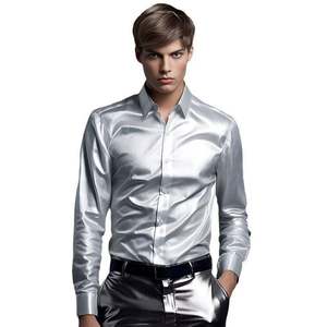 Мужская повседневная рубашка из шелка, на пуговицах, с длинным рукавом, блестящая, однотонная, из сатина, для торжественных мероприятий - Product Image 4