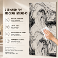 Panneau mural moderne en PVC imperméable à haute brillance MORLENX, motif marbré UV à rayures noires et ivoire, pour restaurant, salle de bain, salle d'exposition