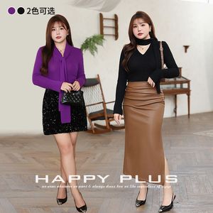 แฮปปี้ พลัสเสื้อถักคอวีผู้หญิงพลัสไซส์ N9045 สีม่วงหมึกสีดำสีทึบผ้าโพลีเอสเตอร์ความหนาปานกลาง - Product Image 5