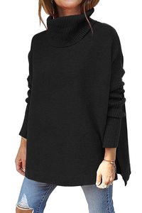 Kadın balıkçı yaka boy kazak uzun Batwing kollu dökülen Hem tunik kazak örgü Tops - Product Image 3