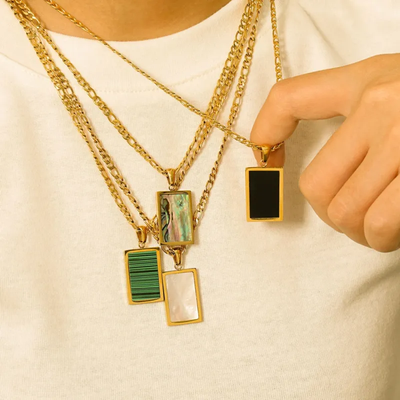 BAOSHI Wholesale Custom 18K Gold Plated Stainless Steel Rectangle Abalone Malachite Onyx Turquoise Shell Pendant Necklaces