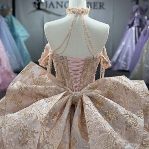 Dy8579 Peach Champagne Gold Appliques Embroidery Natural Quinceanera Ball Gown Corset Sweetheart Crystal Choker <b>Chiffon</b> <b>Skirt</b> - Product Image 6