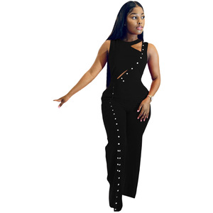 Combinaison <span class=keywords><strong>ample</strong></span> à taille haute pour femmes d'été, fendue, transfrontalière, tendance, sans manches, combinaison de tous les jours - Product Image 1