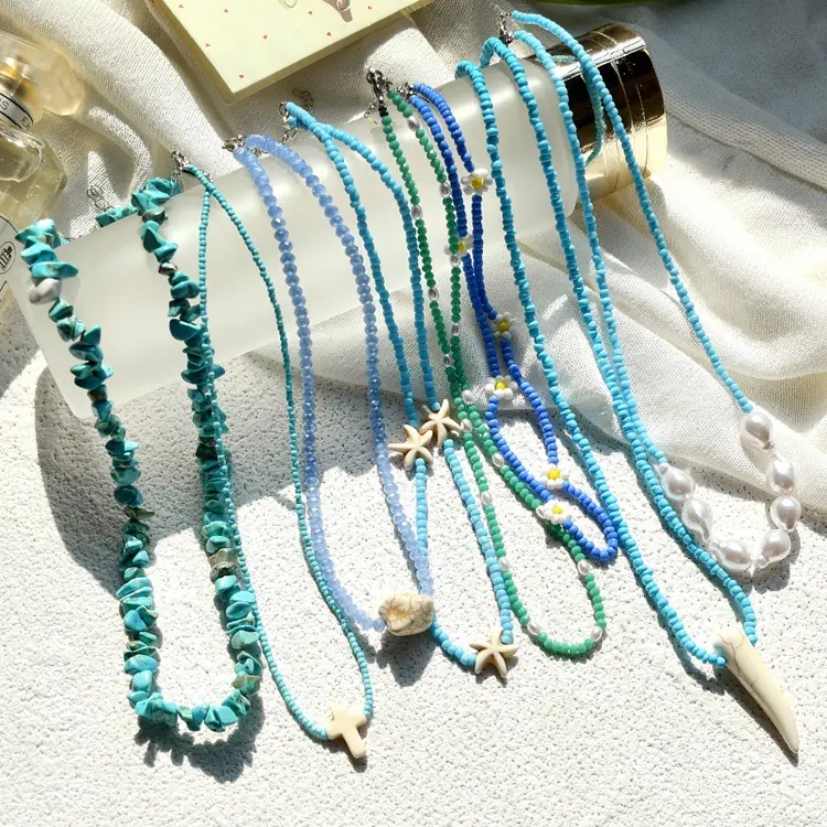 Bohemian Handgemaakte Sieraden Rijst Kralen Ketting Vrouwelijke Blue Bead Turquoise Parel Bloem Gestapeld Sleutelbeen Keten