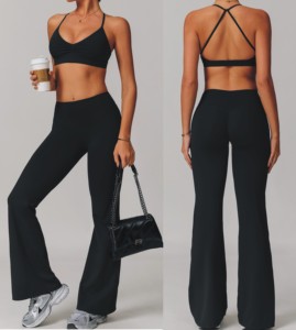 High Waist Flare Legging Cross Back Bra 2 Piece Yoga Set Slim Fit Gym Wear Pilates Running Training Soft Stretch Sport Yoga Set