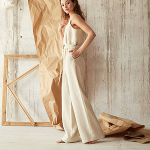 2022 tute da donna personalizzate in un pezzo Casual elegante tuta Beige abbigliamento in lino tuta da donna con gamba larga tuta - Product Image 2