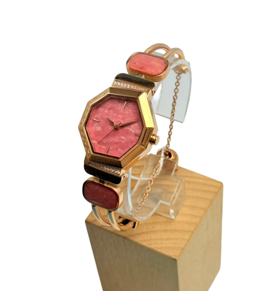 Women's Luxury Quartz Watch Elegant Style Rose Gold Octagonal Case Pink Marble Dial Gemstone Accent Bracelet Wristwatch