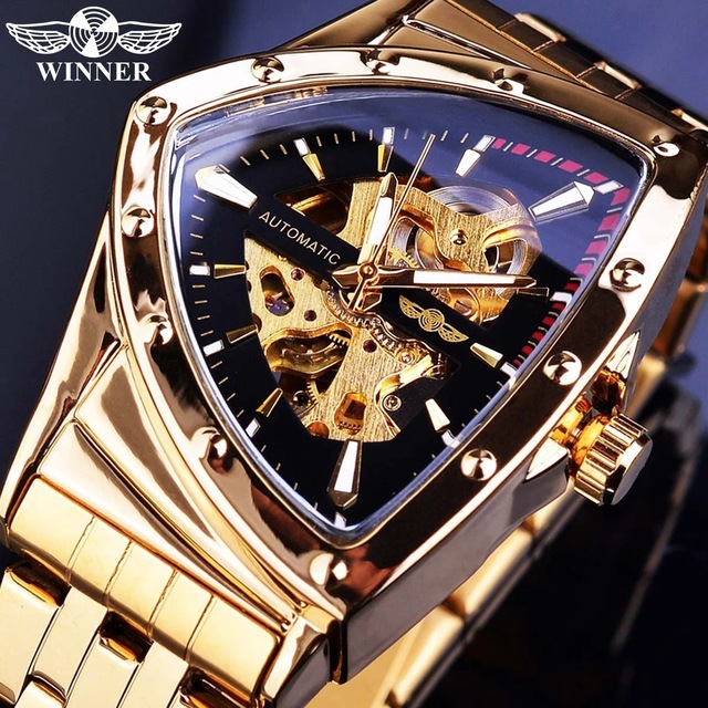 Winner Fashion Men's Casual Automatic Mechanical Triangular Dial  Stainless Steel Band  Triangle case Design Watch