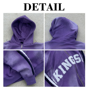 เสื้อฮู้ดดี้ทรงบ็อกซี่แบบซิปสำหรับผู้ชายสไตล์วินเทจ ผ้าหนา ซีดจาง ตกแต่งด้วยงานปักและแอพพลิเค ตัดเย็บแบบครอป ลุคทำสีซีดแบบแอซิดวอช - Product Image 5