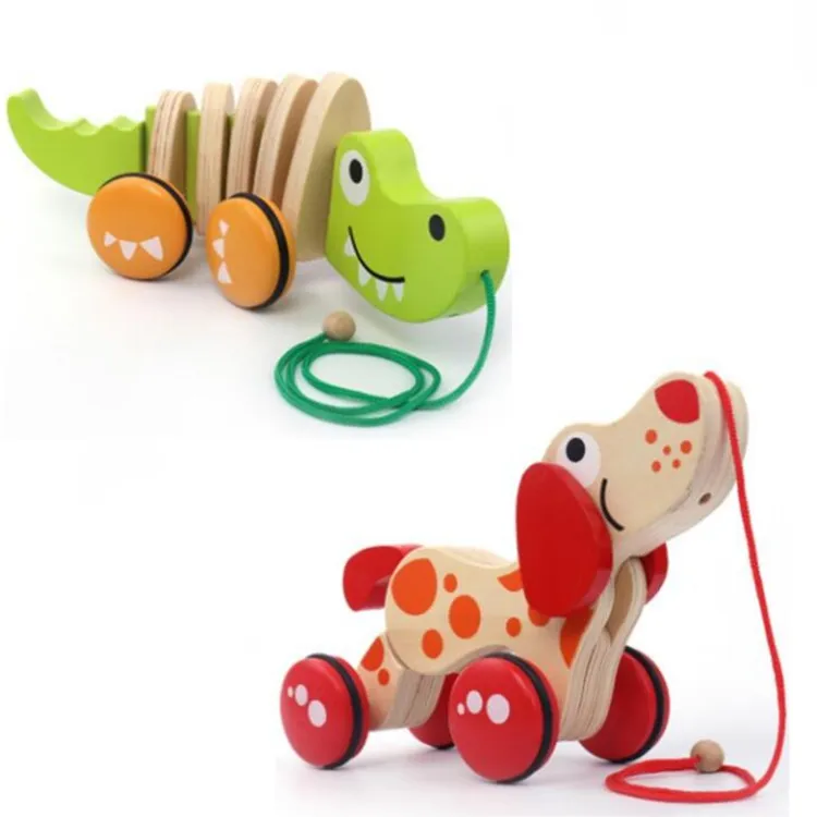 Vroege Educatief Speelgoed Houten Cartoon Dier Krokodil/Puppy Pull String Speelgoed Voor Peuter