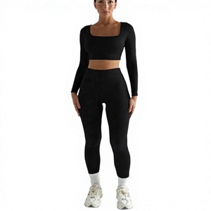 Women's 2 Piece Yoga Square <b>Crop</b> Mid Waist Breathable Lace <b>Leggings</b> Full Length Solid Black Activewear - Product Image 1