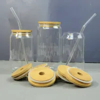 Grosir Dapat Digunakan Kembali Bentuk 350Ml Gelas Kaca Bening dengan Tutup Bambu dan Sedotan