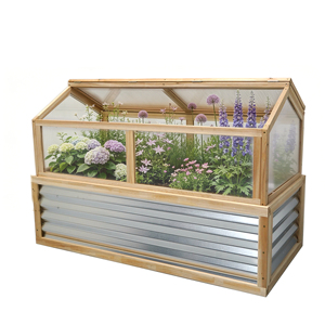 Large Natural Wood Galvanized Metal Raised Garden Bed Kit Polycarbonate Greenhouse Cover Easy Assembly Climbing Plant Home - Product Image 1