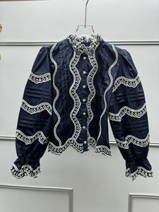 Blusa Elegante Vintage Francesa para Mujer, con Encaje Calado, Bordado, Volantes, Corte Regular, Tejida para Verano, Top ODM - Product Image 3