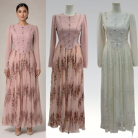 Robe longue de soirée en tulle rose poudré à sequins, taille basque, ornée de perles miroir, manches longues, style Dubaï, tenue modeste, vente en gros, nouveauté