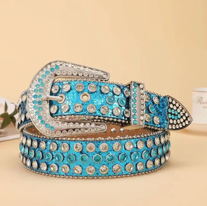 Womens Sequin Diamonds Belt Fashion PU Leather Belt