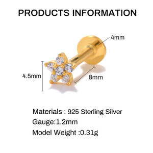 Pendientes de tuerca con rosca de plata de ley S925 y circonita copo de nieve de 16G, parte trasera plana, chapados en oro de 18k - Product Image 2