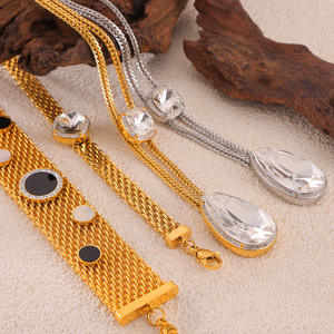 Conjunto de Collar y Pulsera de Acero Inoxidable con Incrustaciones de Circonita, Estilo Europeo Americano, Chapado en Plata/Oro HWASAN, Geométrico - Product Image 3