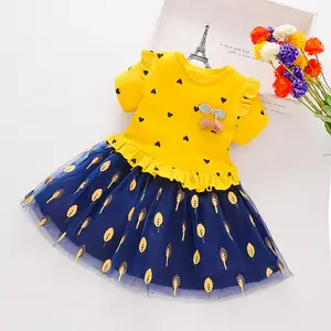 Ribbed Cotton Flare Sleeve Short Summer Navy Blue A Line Chiffon Sequined Floral Dress for 7 Year Old Girl