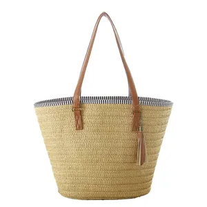 New Simple Shoulder weave Bag wholesale high capacity Tassel Pendant Women shoulder tote bucket Straw Beach Bag