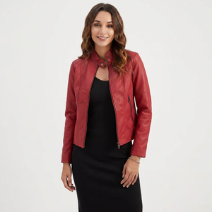 Nouvelle veste matelassée élégante pour femme en cuir véritable avec col à revers, respirante, coupe ajustée disponible, vestes en cuir rouge - Product Image 2