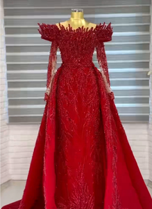 优雅的婚礼派对礼服红色美人鱼长沙特阿拉伯晚礼服定制勃艮第舞会礼服，带可拆卸火车 - Product Image 2