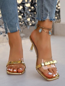 Sandalias de tacón fino con punta cuadrada y tira transparente, decoración de lazo dorado, estilo mule, para fiesta de verano, pantuflas de tacón. - Product Image 1