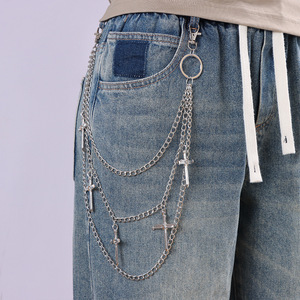 Cadena de pantalón Yueli Cross Stud multicapa negra/blanca de aleación de zinc, estilo hip hop, para vaqueros, con múltiples presillas para cinturón, para uso diario. - Product Image 1