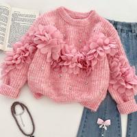 Ensemble de vêtements pour enfants, pull en tricot à fleurs roses d'automne et d'hiver, pantalon en jean à pattes d'éléphant, vêtements de boutique