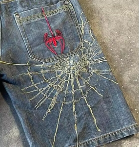 Short en <span class=keywords><strong>jean</strong></span> d'été délavé à l'acide pour homme personnalisé Vintage Mid Y2K Streetwear brodé Punk Tendances fermeture à glissière braguette Hip Hop - Product Image 3