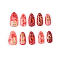30 pièces Kit de faux ongles à presser en acrylique, forme amande, style French, avec nœud métallique, motif lèvres 3D et étoile, couvrance totale, pour nail art, vente en gros