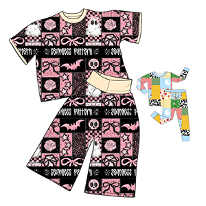 Conjunto de Loungewear em Fibra de Bambu para Meninas Pequenas com Estampa de Halloween em Patchwork Rosa - Product Image 1