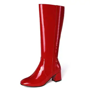 new customized Brand Square Toe Block Heel Go Go Boots Mature Women Sexy Red Knee High Boots 70S Women Boots for Party