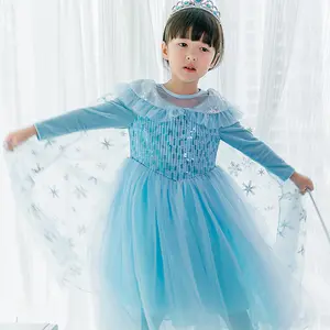 Hot Sale Little Girls Autumn Long Sleeve Dress Kids Elsa Princess Cosplay Costume With Cape