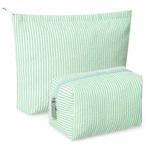 2 Pcs Makeup Bag Set <b>Cute</b> Cosmetic Pouch for Women Seersucker Travel Toiletry Bag Preppy Small Makeup <b>Purse</b> Pouch - Product Image 4
