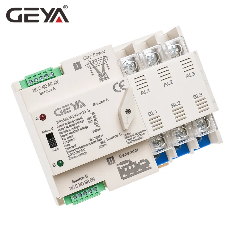 GEYA-Interruptor de transferencia automática de doble potencia, dispositivo con carril Din ats, 3 fases, ATS, 63A, 100A, 63 amp